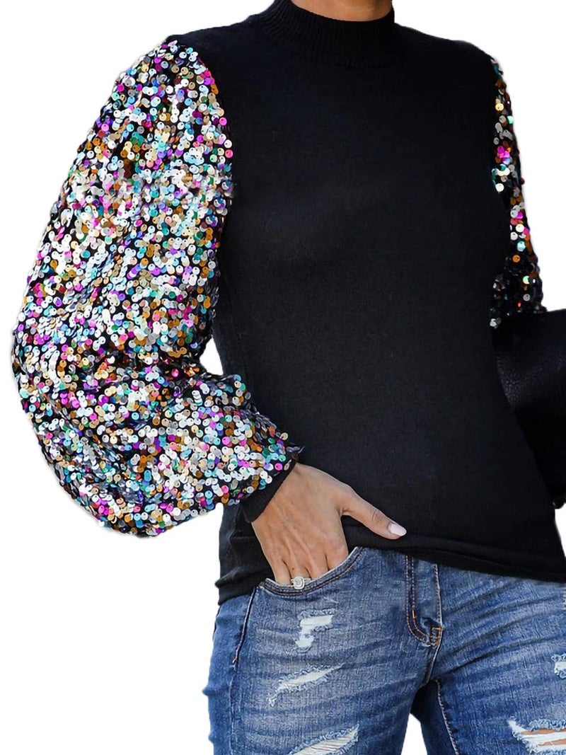 Anna-Kaci Women's Confetti Sequin Balloon Long Sleeve Mock Neck Pullover Sweatshirt, Black, Small - Image 3